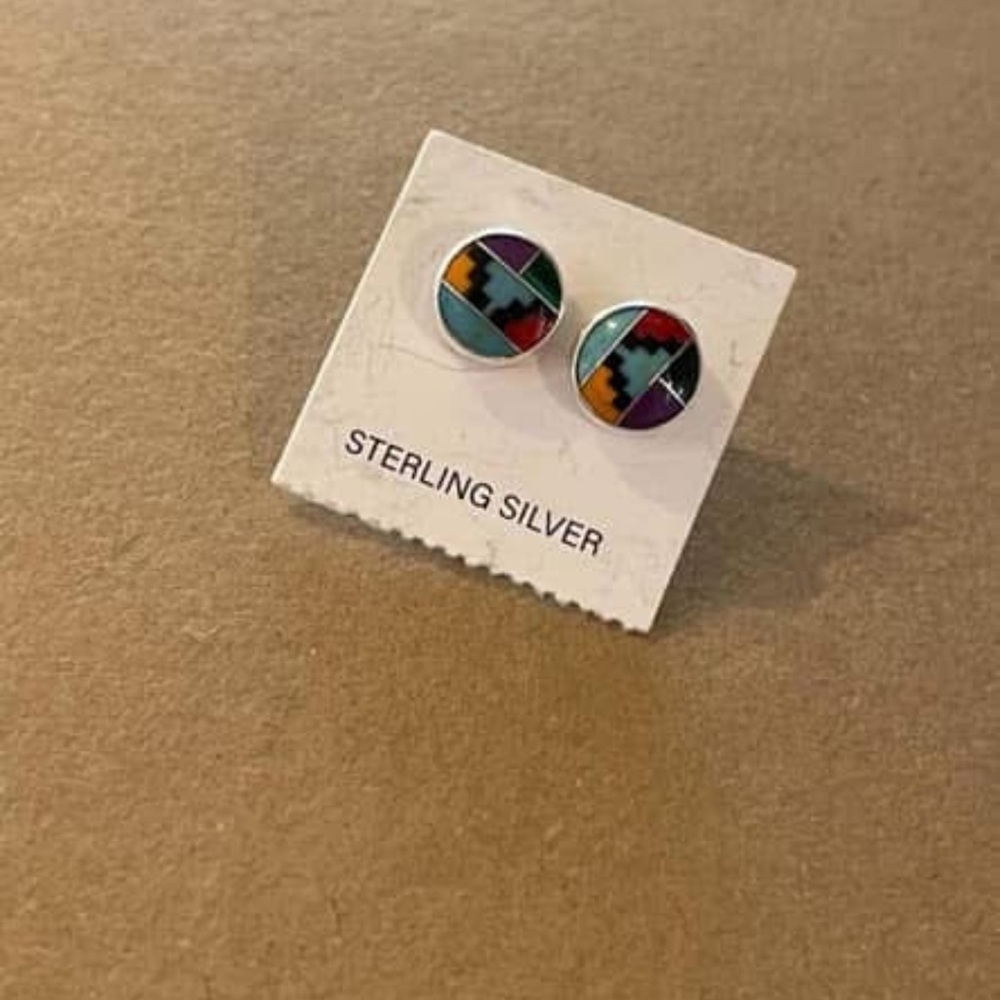 Colorful Sterling Silver Inlaid Native Stud Earrings authentic stones